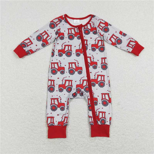 7.7 RTS NO MOQ Baby Boys Bodysuit LR0887 Valentine's  Red Tractors Long Sleeve Zip Rompers