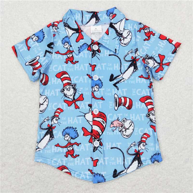 7.17 RTS NO MOQ Summer Baby Boys Shirt BT0491 Dr Reading Cat Buttons Short Sleeve Tee Shirts