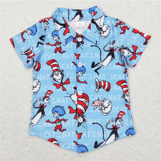 7.17 RTS NO MOQ Summer Baby Boys Shirt BT0491 Dr Reading Cat Buttons Short Sleeve Tee Shirts