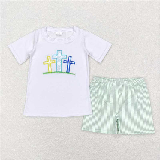 RTS NO MOQ Baby Boys kids Summer Sets BSSO0337 Easter Cross Green Shirts Shorts Clothes Sets