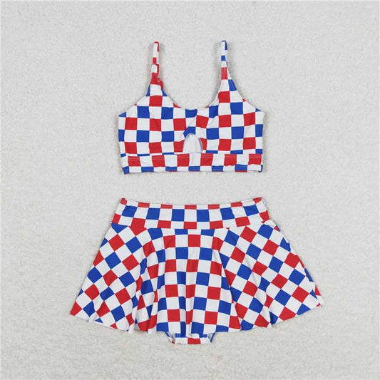 S0287 Baby Girls Summer Red Blue Checkered Top Bottoms 2pcs Swimsuits