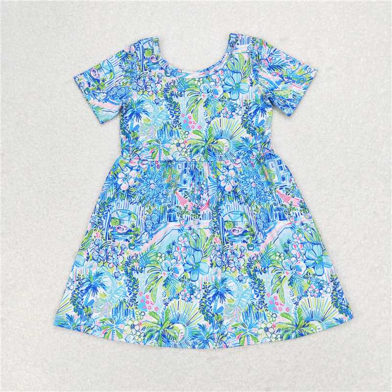 7.30 RTS NO MOQ Summer Baby Girls Dresses GSD1114 Blue Flowers Short Sleeve Knee Length Dresses