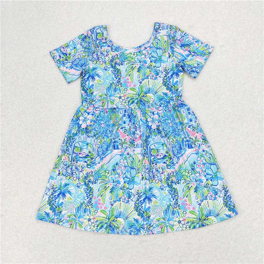 7.30 RTS NO MOQ Summer Baby Girls Dresses GSD1114 Blue Flowers Short Sleeve Knee Length Dresses