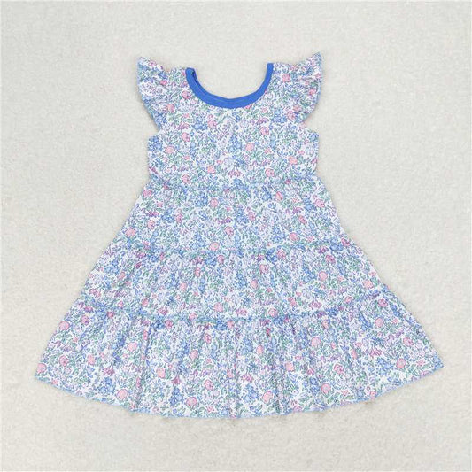 7.30 RTS NO MOQ Summer Baby Girls Dresses GSD1043 Green Flutter Sleeve Flowers Knee Length Dresses