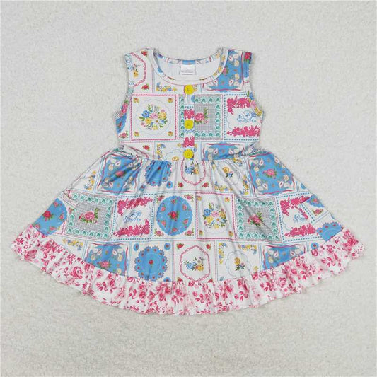 7.30 RTS NO MOQ Summer Baby Girls Dresses GSD1000 Blue Flowers Branches Sleeveless Knee Length Dresses