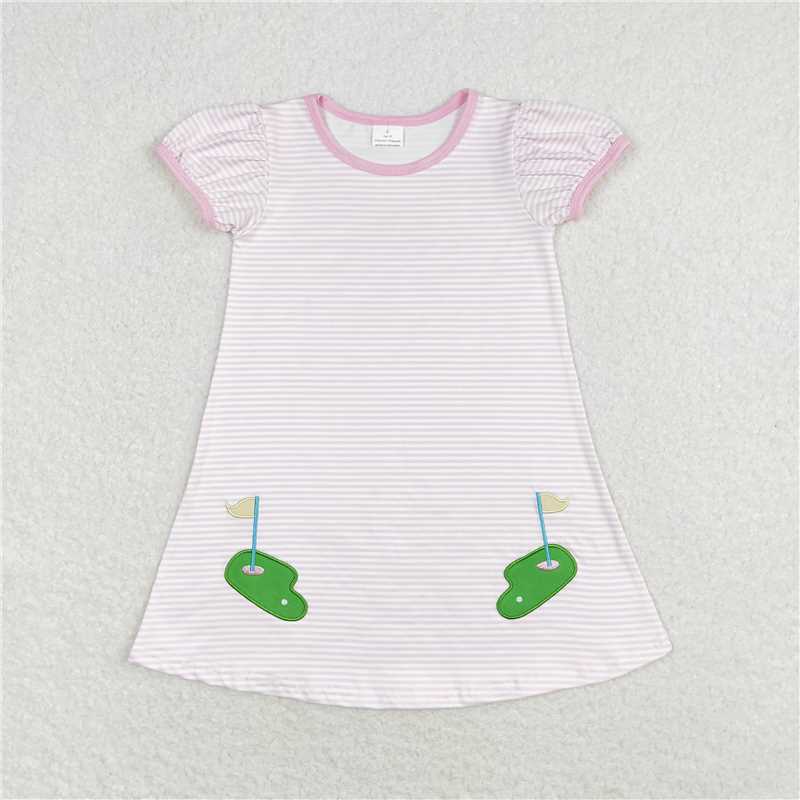 7.30 RTS NO MOQ Summer Baby Girls Dresses GSD0829 Golf Pink Stripes Short Sleeve Knee Length Dresses