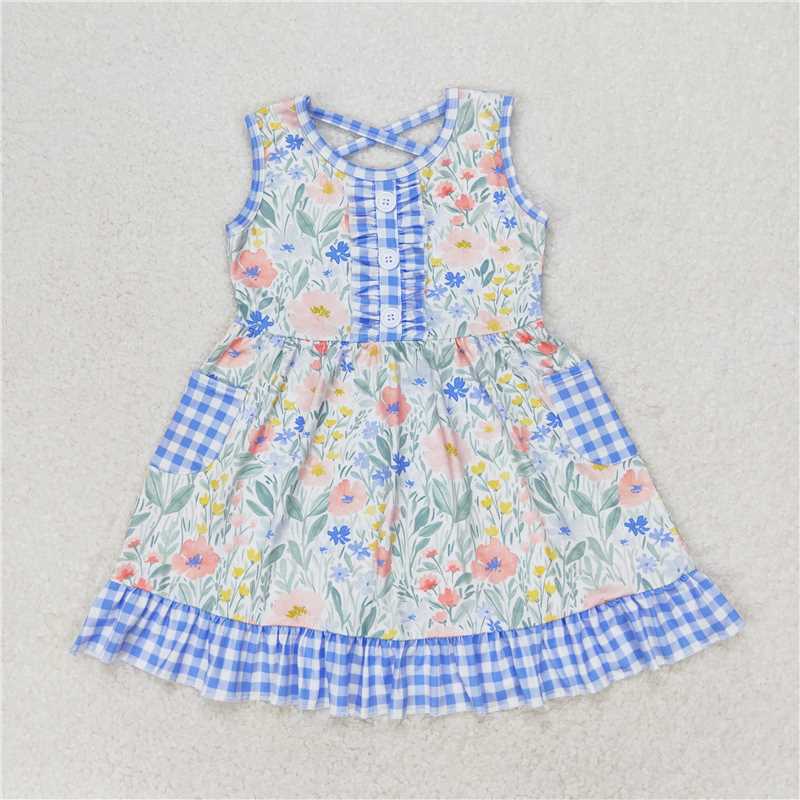 7.30 RTS NO MOQ Summer Baby Girls Dresses GSD1009 Blue Flowers Checkered Pocket Knee Length Dresses