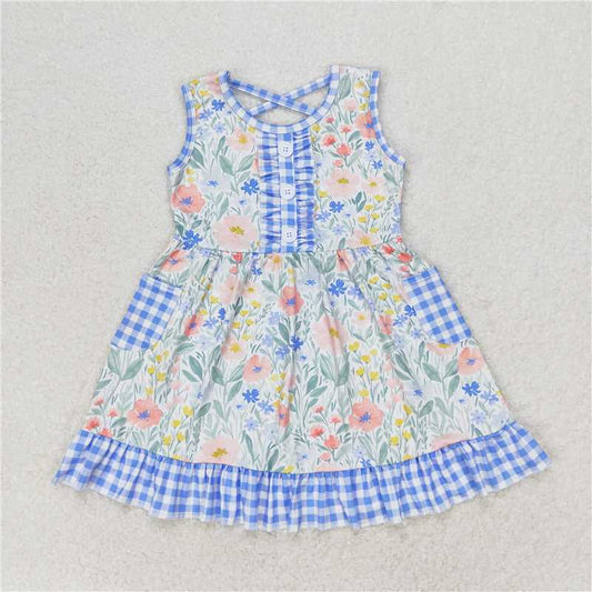 7.30 RTS NO MOQ Summer Baby Girls Dresses GSD1009 Blue Flowers Checkered Pocket Knee Length Dresses