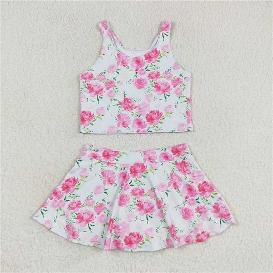 GSD0994 Baby Girls Summer Pink Flowers Top Skirts Active Wear Clothes Sets