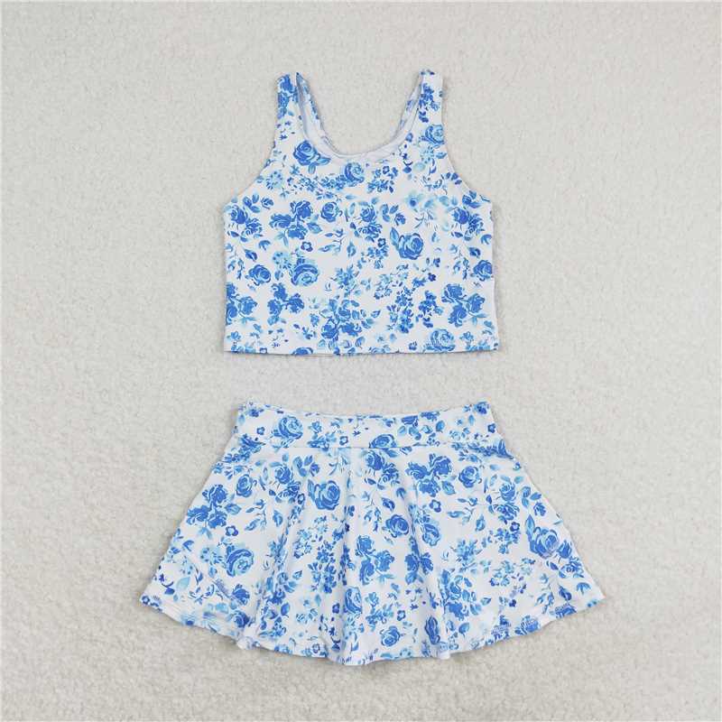 GSD0995 Baby Girls Summer Blue Flowers Top Skirts Active Wear Clothes Sets