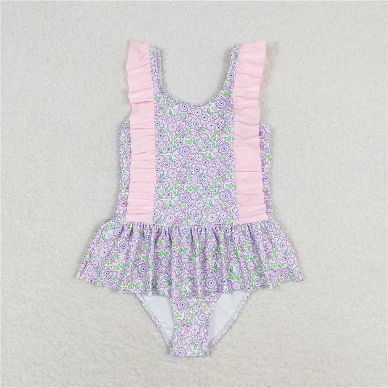 S0331 Baby Girls Summer Lavender Flowers Sibling Sister Swimsuits