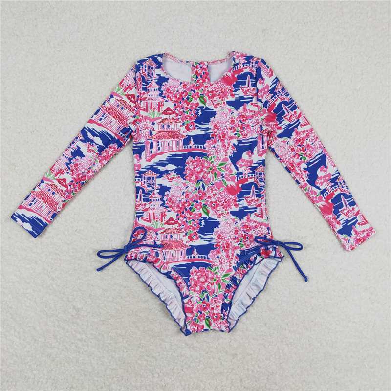 RTS NO MOQ Baby Girls Summer Bodysuit S0376 Pavilion Flowers Long Sleeve One Piece Swimsuits