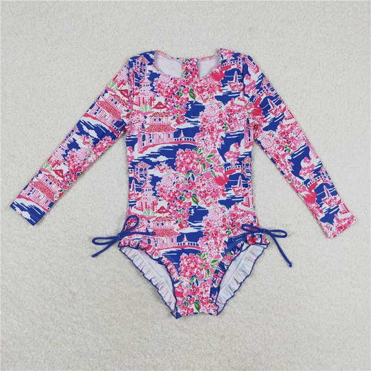 S0376 Baby Girls Pavilion Flowers Long Sleeve One Piece Swimsuits