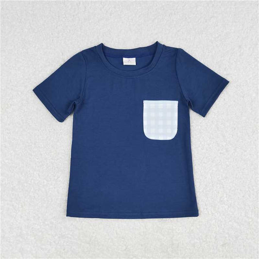 RTS NO MOQ Summer Baby Boys Shirt BT0705 Blue Short Sleeves Plaid Pocket Tee Shirts Tops