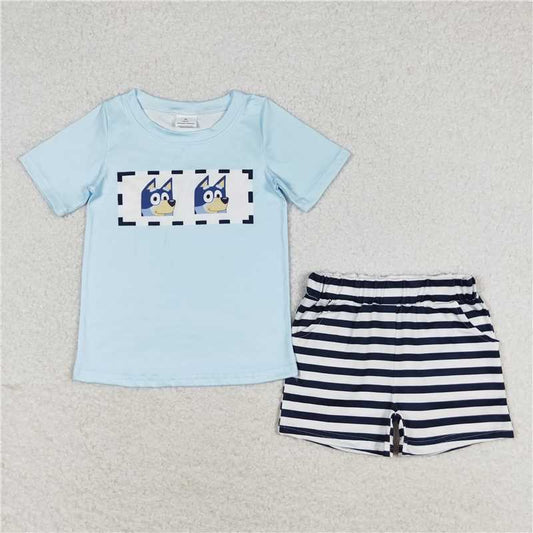 BSSO0682 Baby Boys Dog Blue Short Sleeve Tee Shirt Stripes Shorts Clothes Sets