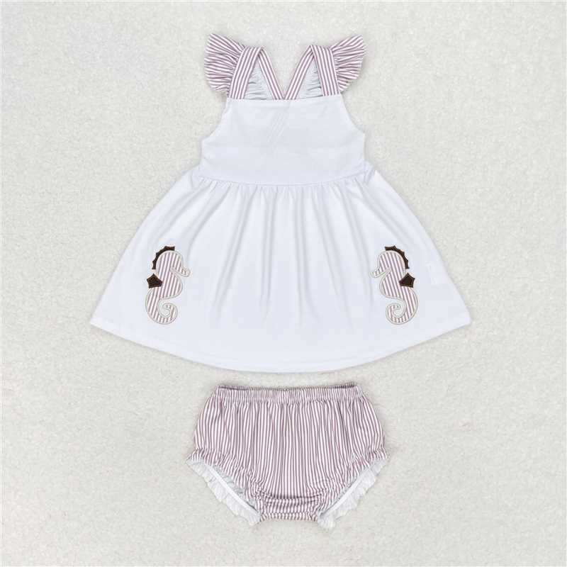 RTS NO MOQ Baby Girls Summer Outifts GBO0350 Sea Horse White Top Bummie Sets