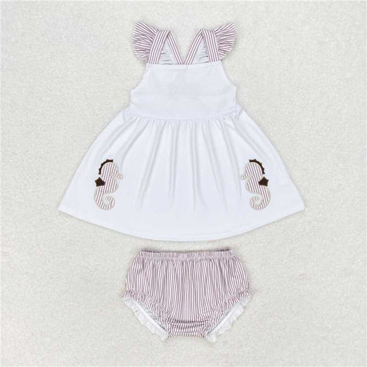 RTS NO MOQ Baby Girls Summer Outifts GBO0350 Sea Horse White Top Bummie Sets