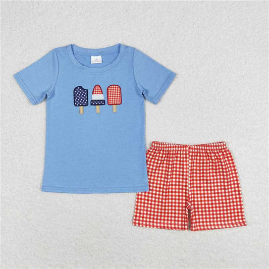 RTS NO MOQ Baby Boys kids Summer Sets BSSO0744 4th Of July Popsicle Shirt Red Checkered Shorts Clothes Sets