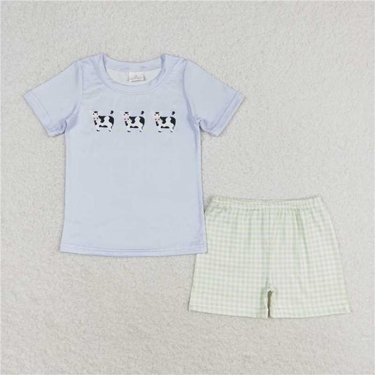RTS NO MOQ Baby Boys kids Summer Sets BSSO0935 Cow Blue Short Sleeve Plaid Shorts Set