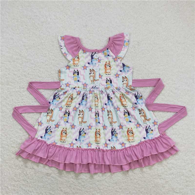 7.30 RTS NO MOQ Summer Baby Girls Dresses GSD1060 Colorful Dogs Belt Ruffle Knee Length Dresses