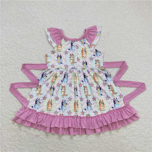 7.30 RTS NO MOQ Summer Baby Girls Dresses GSD1060 Colorful Dogs Belt Ruffle Knee Length Dresses