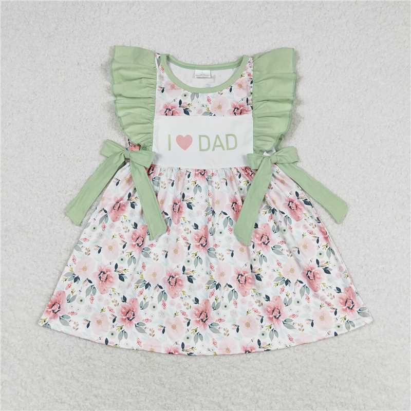 7.30 RTS NO MOQ Summer Baby Girls Dresses GSD1182 I Love Dad Green Flowers Bows Knee Length Dresses