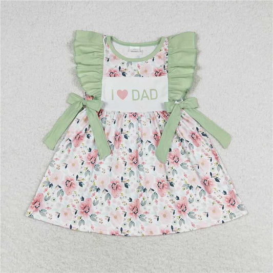 7.30 RTS NO MOQ Summer Baby Girls Dresses GSD1182 I Love Dad Green Flowers Bows Knee Length Dresses