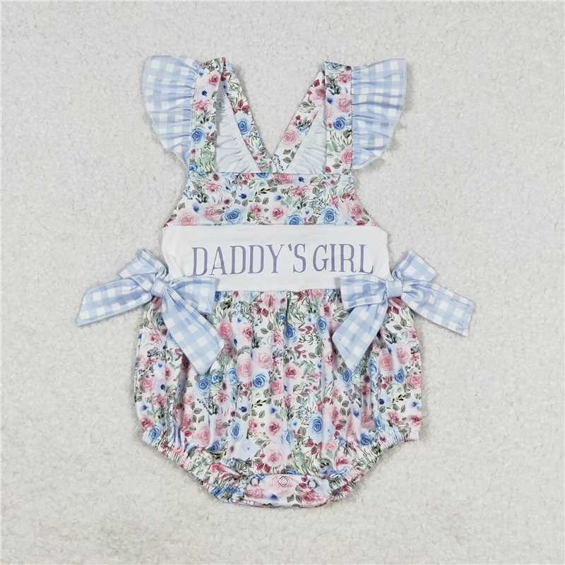 SR1240 Baby Girls Blue Floral Daddy's Girl Bows Rompers
