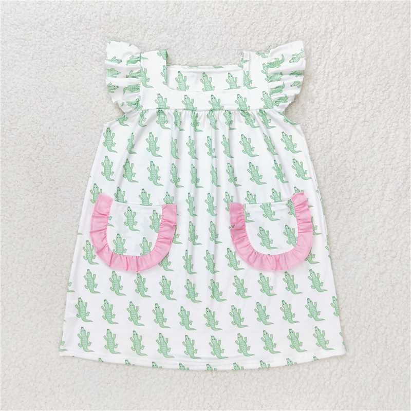 7.30 RTS NO MOQ Summer Baby Girls Dresses GSD1050 Crocodile Green Knee Length Dresses