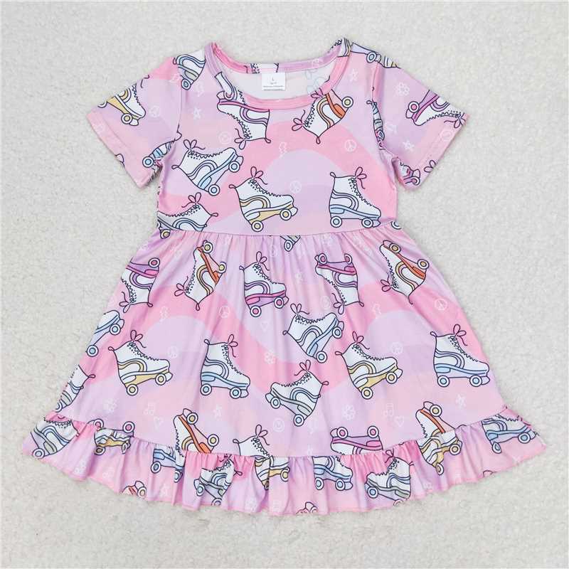 7.22 RTS NO MOQ Summer Baby Girls Dresses GSD1249 Skate Shoes Short Sleeve Knee Length Dresses