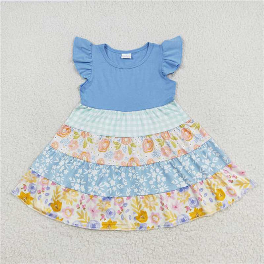 7.22 RTS NO MOQ Summer Baby Girls Dresses GSD1073 Blue Flutter Sleeve Flowers Knee Length Dresses