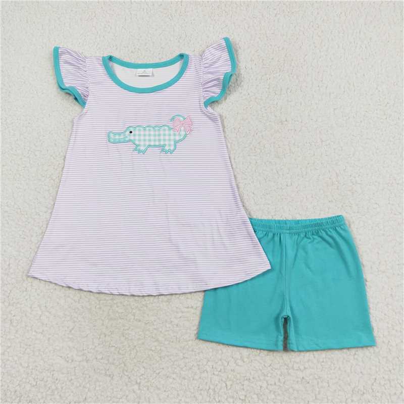 GSSO1286 Baby Girls Crocodile Flutter Sleeve Tunic Green Shorts Clothes Sets