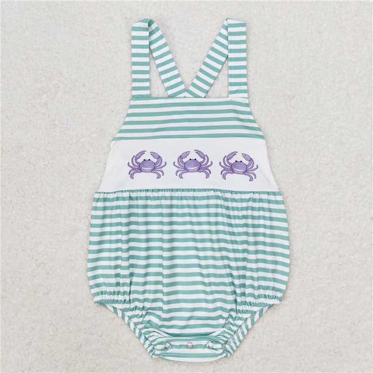6.27 RTS NO MOQ Baby Boys Summer Bodysuit SR1118 Green Stripes Crabs Straps Rompers
