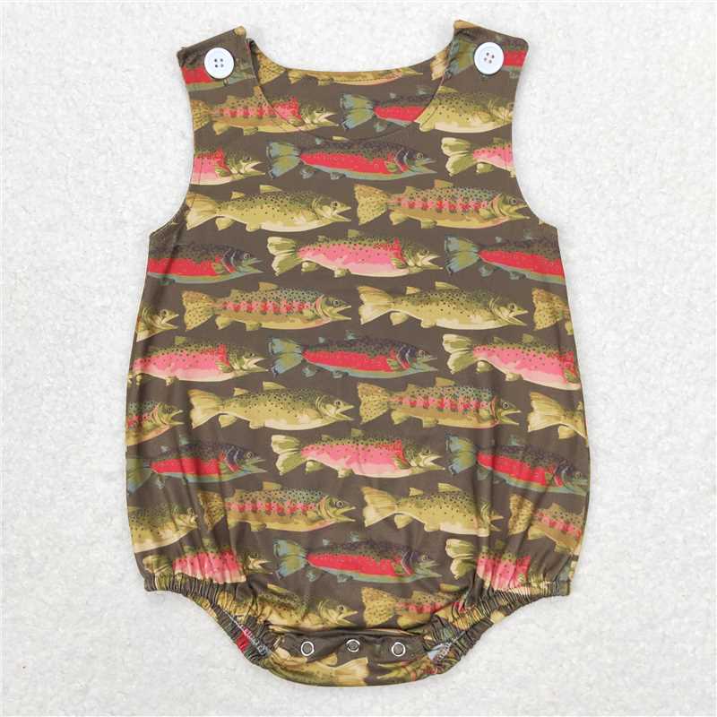 6.27 RTS NO MOQ Baby Boys Summer Bodysuit SR1165 Dark Green Fish Summer Sleeveless Rompers