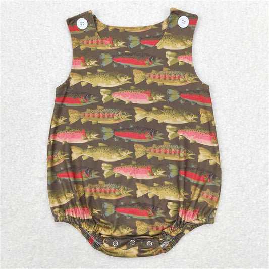6.27 RTS NO MOQ Baby Boys Summer Bodysuit SR1165 Dark Green Fish Summer Sleeveless Rompers