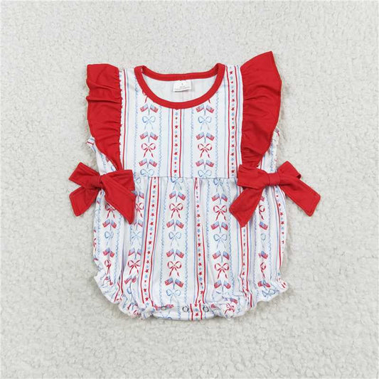 SR1717 Baby Infant Girls Red Bows Flag Ruffle 4th Of July Rompers