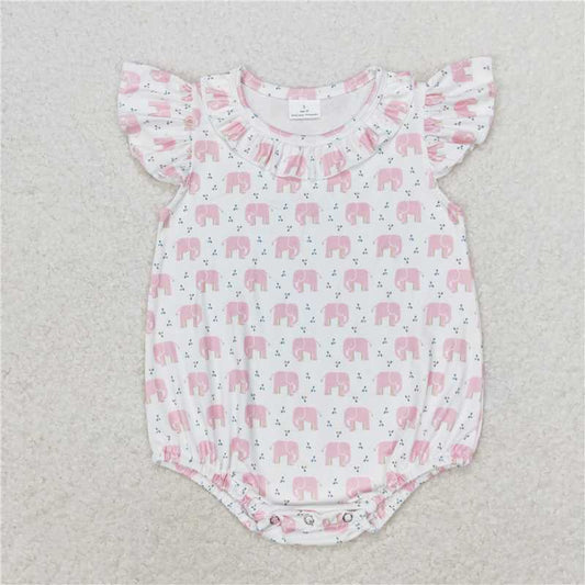 SR1825 Baby Infant Girls Pink Elephant Flutter Sleeve Rompers