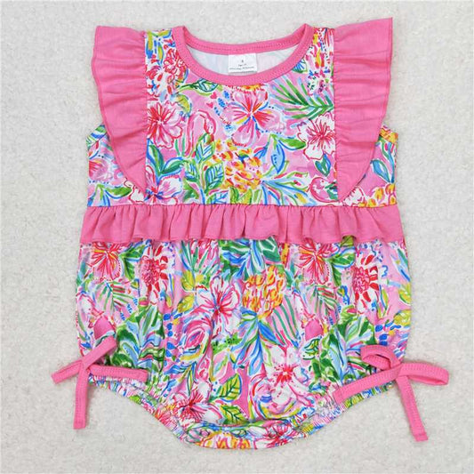 SR1036 Baby Infant Girls Ruffle Pink Flowers Rompers