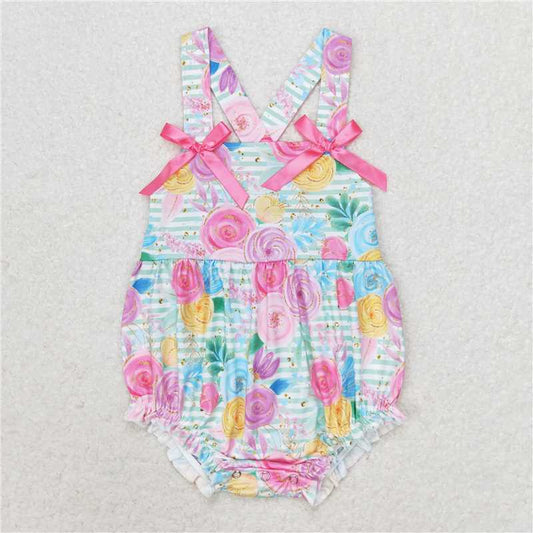 SR1424 Baby Infant Girls Green Stripes Flowers Straps Bows Rompers