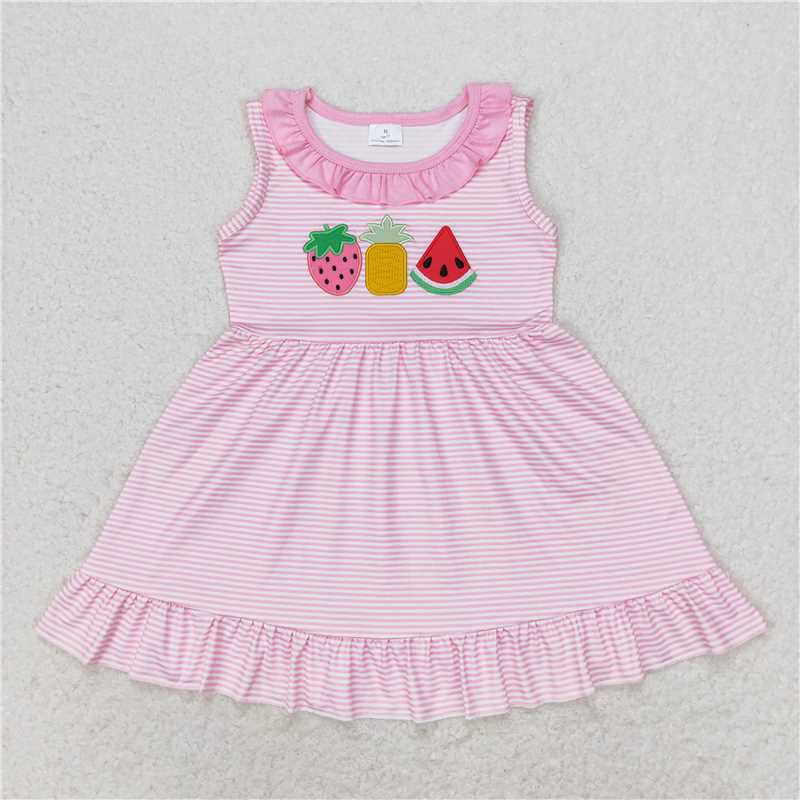 7.30 RTS NO MOQ Summer Baby Girls Dresses GSD1055 Pink Stripes Watermelon Knee Length Dresses