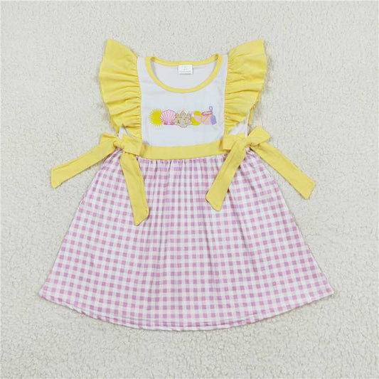 7.30 RTS NO MOQ Summer Baby Girls Dresses GSD0600 Embroidery Beach Flutter Sleeve Summer Bows Knee Length Dresses
