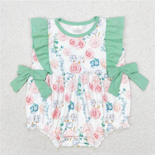 SR1421 Baby Infant Girls Pink Flowers Ruffle Bows Rompers