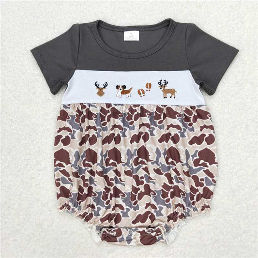 6.27 RTS NO MOQ Baby Boys Summer Bodysuit SR1243 Camo Short Sleeve Deer Dogs Summer Rompers
