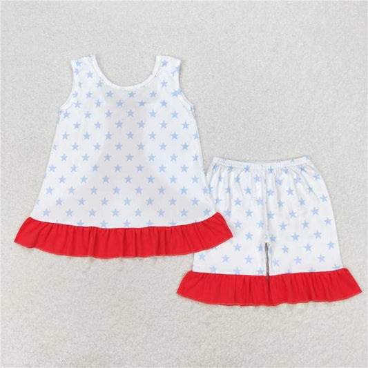 GSSO1217 Baby Girls Stars Bows Tunic Ruffle Shorts Clothes Sets