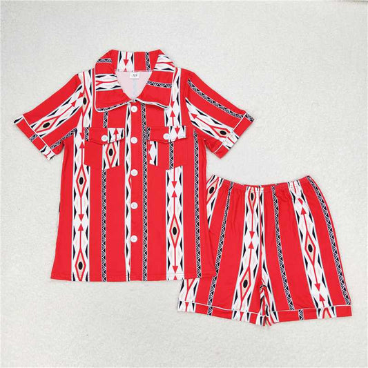 7.4 RTS NO MOQ Adult Women Summer Sets GSSO1283 Adult Red Aztec Short Sleeve Buttons Tee Shorts Pajamas Sets