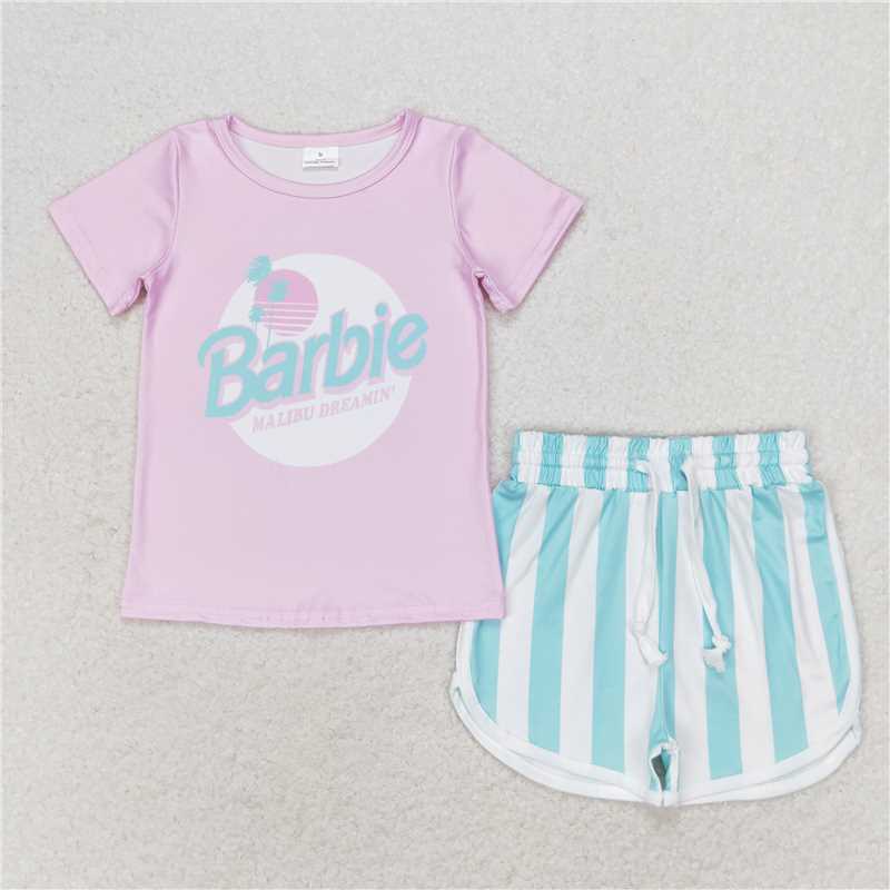 GSSO1168 Baby Girls Doll Pink Shirt Top Stripes Shorts Clothes Sets