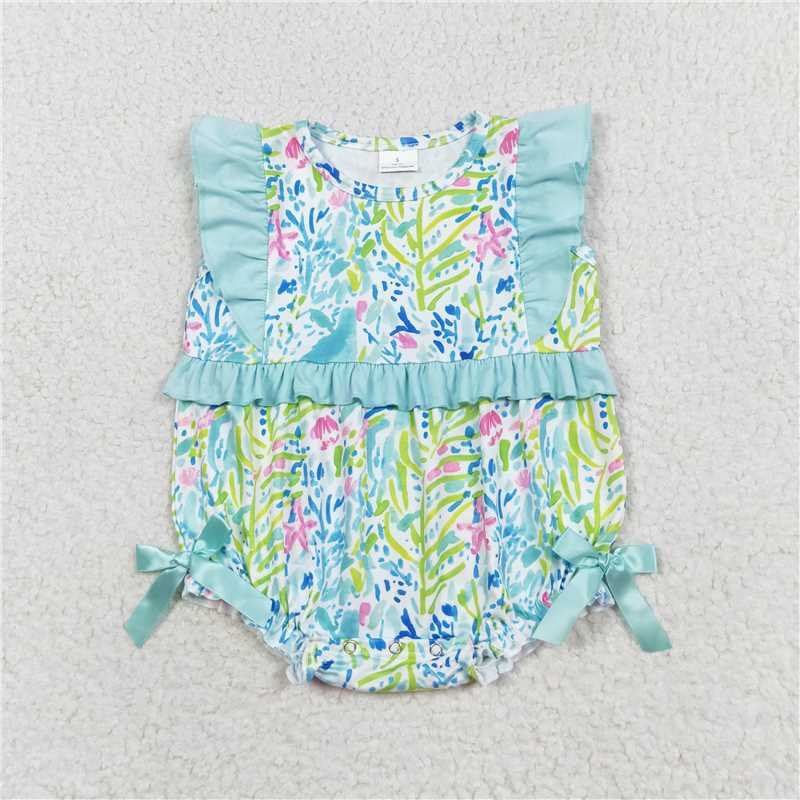 SR1022 Baby Infant Girls Green Flowers Bows Summer Rompers