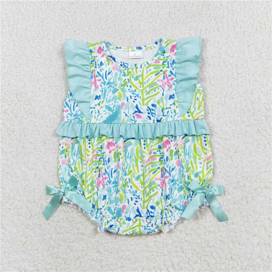 SR1022 Baby Infant Girls Green Flowers Bows Summer Rompers