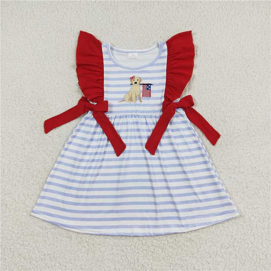 7.30 RTS NO MOQ Summer Baby Girls Dresses GSD0845 Embroidery 4th Of July Dog Flag Blue Stripes Bows Knee Length Dresses