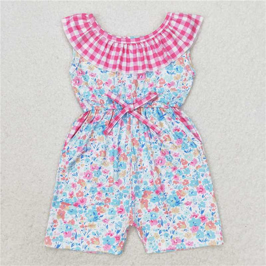 RTS NO MOQ Summer Baby Girls Bodysuit SR1244 Pink Blue Floral Pockets Shorts Jumpsuits
